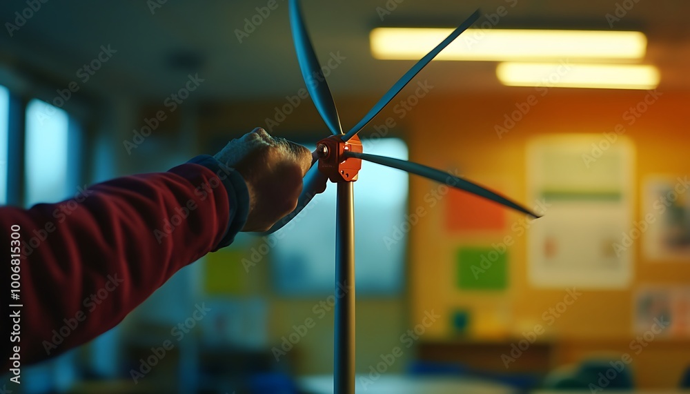 Poster engineer rotating blades of wind turbine model in workshop