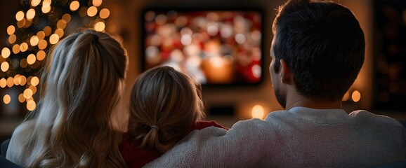 Family watching television together. Cozy holiday atmosphere. World Television Day or family entertainment concept