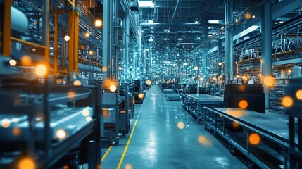 A futuristic warehouse interior showcasing the integration of digital technology and data in industrial operations.
