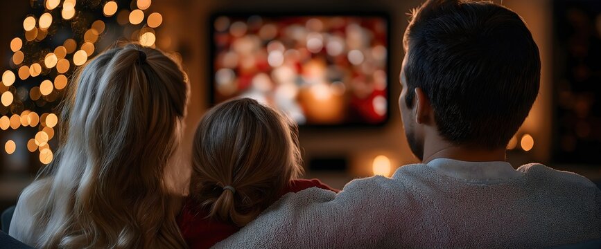 Family watching television together. Cozy holiday atmosphere. World Television Day or family entertainment concept