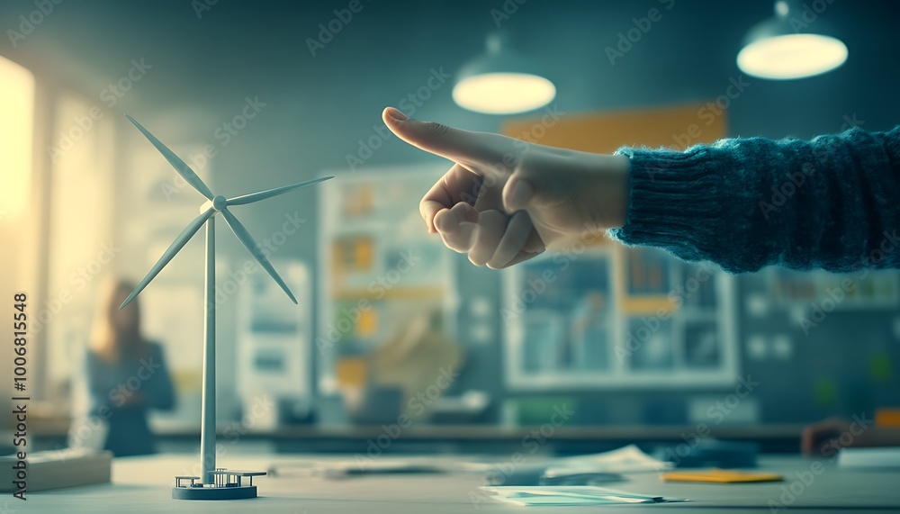 Poster engineer rotating blades of wind turbine model in workshop