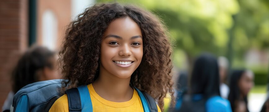 Smiling african american female student on campus. Cheerful young woman. World Students Day or education diversity campaign - Powered by Adobe