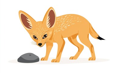 Fototapeta premium A fennec fox curiously explores a small rock in a desert landscape, embodying the enchanting wildlife of arid regions