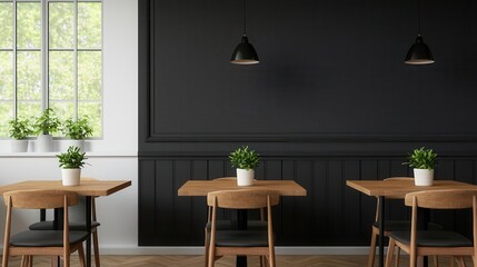 Modern interior of a stylish restaurant featuring elegant lighting and minimalist design