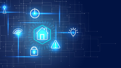 Smart home automation technology with icon house system. Blue light background vector