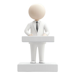 White character in suit standing at podium on white isolate background. transparent background