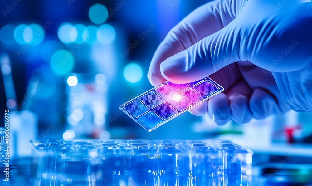 Poster engineer adjusting miniature solar panel model in lab