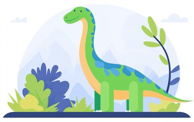 A friendly green dinosaur stands amidst vibrant foliage, bringing a whimsical charm to the sunny landscape