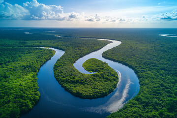 Aerial View of Serene River Curving Through Lush Green Forest