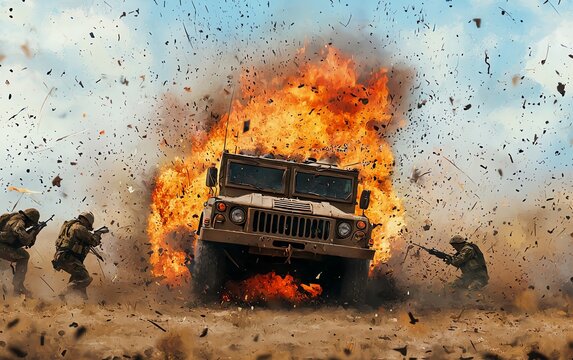 A chaotic scene of a military vehicle explosion in a war zone, with debris flying through the air and soldiers taking cover amidst the flames and smoke clouds
