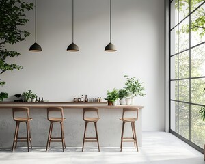 Modern cafe with bar and chairs with concrete walls and light from windows