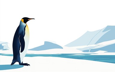 Fototapeta premium A solitary emperor penguin standing proudly on the icy shores of Antarctica amidst stunning snowy landscapes at dawn