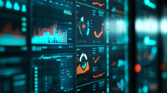 Detailed view of digital data dashboards featuring analytical graphs, charts, and statistics in an immersive environment. - Powered by Adobe