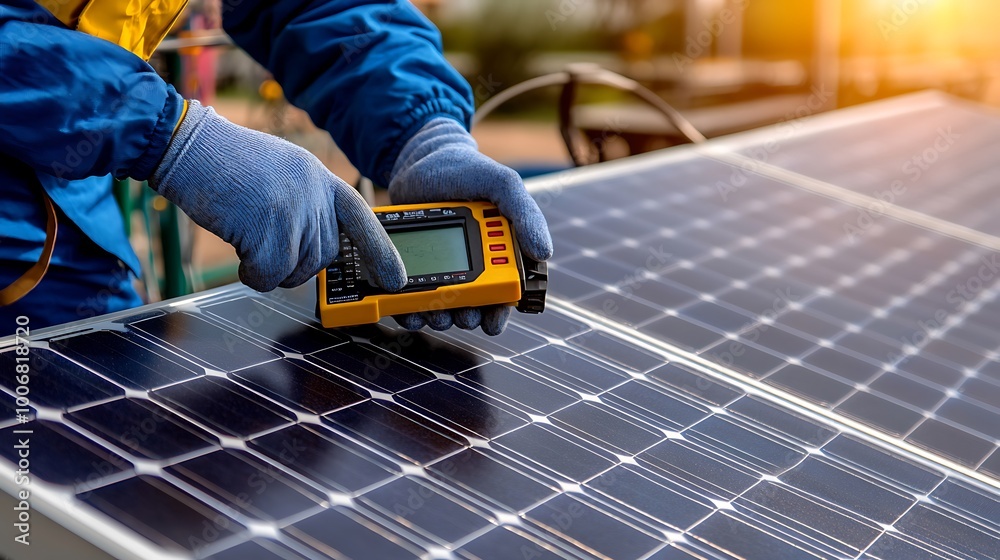 Poster engineer measuring solar cell performance with multimeter