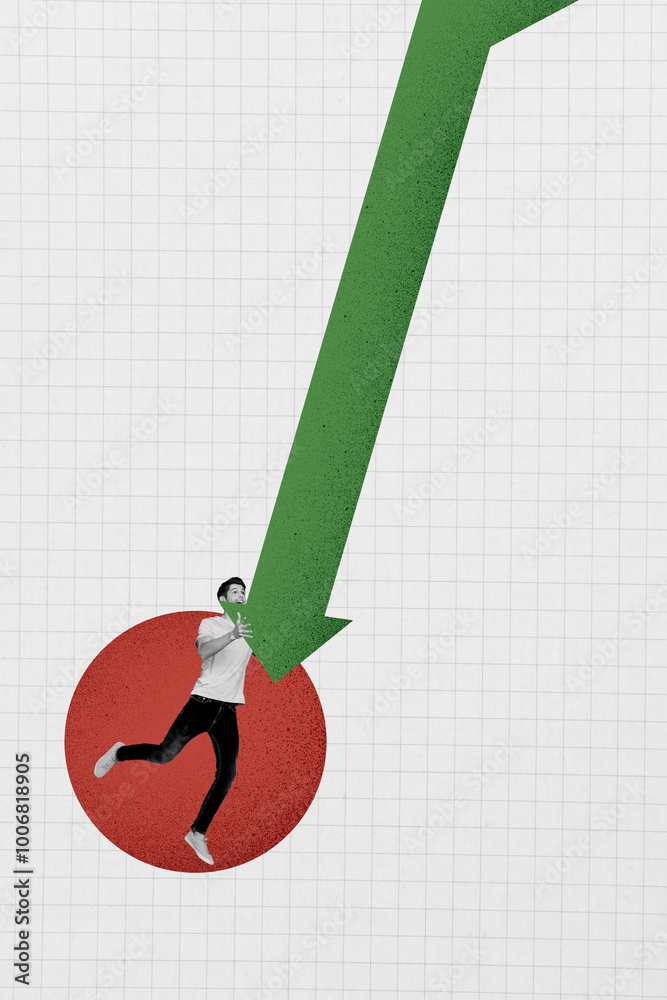 Poster collage template of afraid scared man huge arrow fall down direction lost isolated on drawing backgr