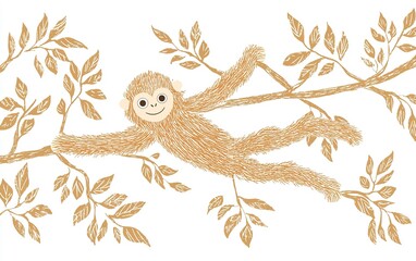 Obraz premium A playful monkey swings joyfully through leafy branches in a whimsical forest during a bright, sunny day