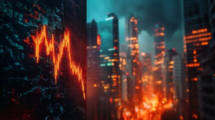 A bustling urban financial district at night with overlay of a stock market chart symbolizing economic growth and development.