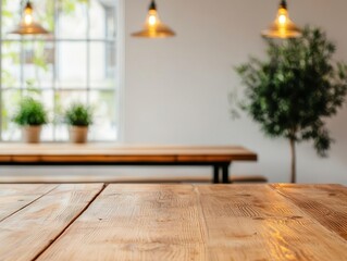 Fototapeta premium Stylish restaurant interior with large windows, wooden tables, and modern lighting