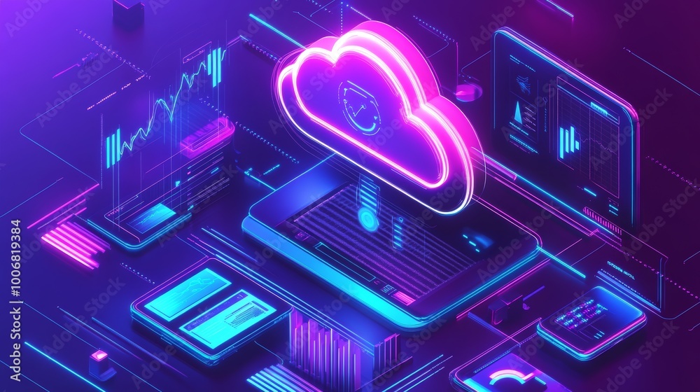 Poster a colorful neon cloud hovering over devices symbolizes cloud computing and digital data storage solu