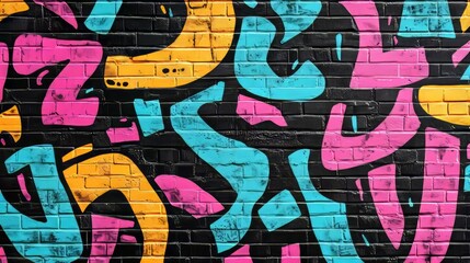 Obraz premium Bright, colorful graffiti with abstract patterns and shapes, showcasing urban street art on a classic brick wall.