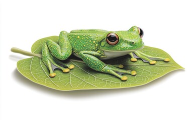 Obraz premium A vibrant green frog resting on a large leaf, showcasing nature's beauty during a sunny afternoon in a lush forest setting