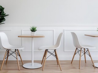 modern minimalist restaurant interior design with sunlight, white decor, simple furniture, wooden elements, and a welcoming ambiance for enjoying meals and drinks
