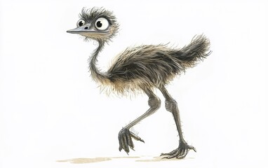 Obraz premium A whimsical young ostrich strolls playfully across a blank canvas, showcasing its vibrant feathers and animated expression