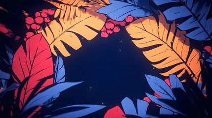 Fototapeta premium Vibrant tropical leaves illuminated in red, yellow, and blue against a dark background.