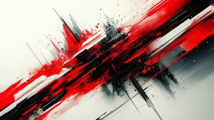 Abstract red and black paint splashes dynamically across a white background, evoking intensity and dynamic movement.