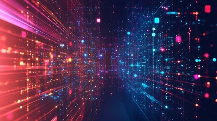 Naklejka premium Abstract digital tunnel with glowing particles and lines.