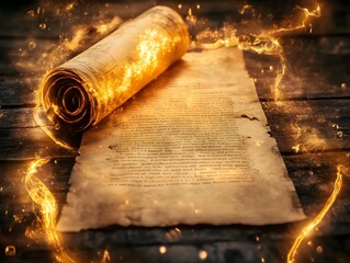 Ancient prophecy on an old scroll surrounded by magical