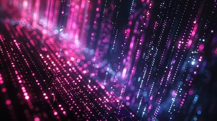 Obraz premium Digital abstract art of floating binary code and holographic data points, symbolizing digital storage and cloud processes, with neon highlights and a dark background