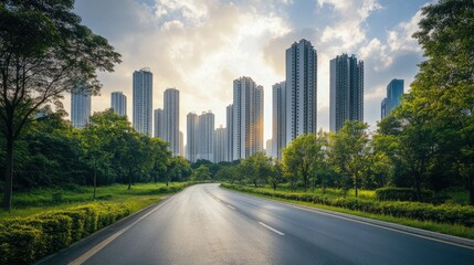 Obraz premium A row of tall city buildings stands against a backdrop of green space and a road, highlighting a harmonious urban-nature interface.