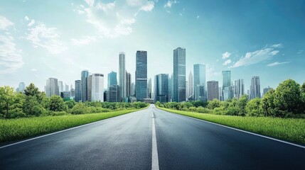Fototapeta premium A row of tall city buildings stands against a backdrop of green space and a road, highlighting a harmonious urban-nature interface.