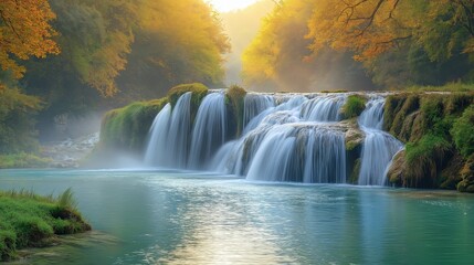 Fototapeta premium Serene waterfall in a lush, sunlit forest, capturing the essence of nature's tranquility and beauty.