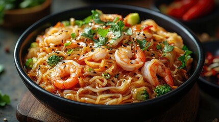 Spicy Shrimp Stir-Fry Noodles with Sesame Seeds and Fresh Herbs