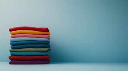 A tidy pile of clothes in bright colors like red, blue, green, and yellow rests against a light blue backdrop. The arrangement emphasizes cleanliness and fresh style