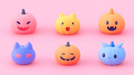 Colorful Halloween-themed pumpkins with cheerful and spooky faces on a pink background.