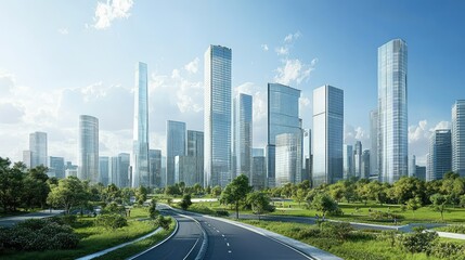 City skyline with tall skyscrapers, a road, and a green park in the foreground, illustrating the integration of modern architecture with nature.