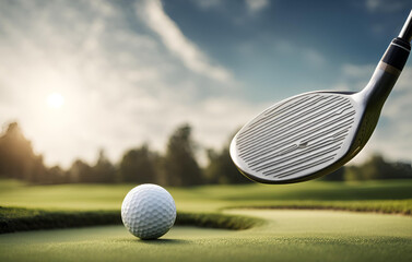 Black and white retro photo of golf playing golf ball golf tee, Golf ball and club closeup, AI generated golf course wallpaper