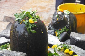 Belpatra leaves on black marble shivling and nandi