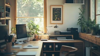 Fototapeta premium Clean, modern office design with a framed poster on a wooden wall, wide windows, and well-organized desks in an open layout. Bright, welcoming workspace.