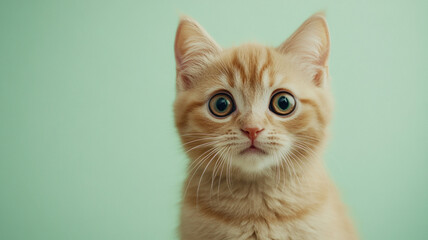 Fototapeta premium Cute cat surprised on a light green background