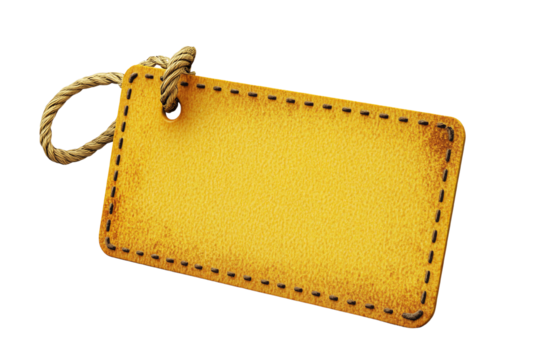 Yellow leather tag with stitching detail, white isolated background transparent background