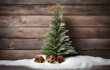 Wooden background with Christmas tree branches Christmas banner Copy space, Christmas Tree Branches on a Brown Background with CopySpace for Text, Snowy fir trees with blurred light background
