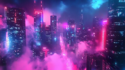 Obraz premium a neon-glow effect, surrounded by soft, colourful smoke on a dark cityscape background, futuristic vibes, high contrast, and sharp details