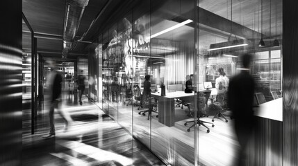 Obraz premium Modern Office Space with Glass Walls and Busy Environment
