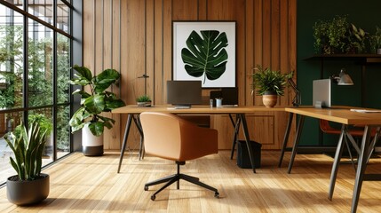 Fototapeta premium Contemporary office interior with a framed poster on a wooden wall, spacious desks, and expansive windows providing natural light. Sleek, stylish workspace.
