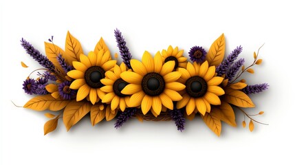 Autumn Floral Arrangement: Vibrant sunflowers, delicate lavender sprigs, and golden leaves create a charming autumnal display, perfect for adding a touch of nature's beauty to your designs.