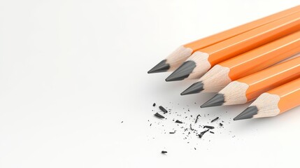 Four sharpened orange pencils on a white isolate background.